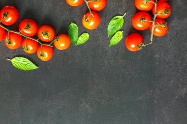 Asma domatesli yemek pişirmek için çeşitli baharatların düz masa görüntüsü, siyah masa arkaplanlı fesleğen yaprağı ve kopya alanı.