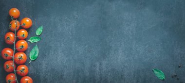 Yumuşak odak ve geniş çerçeve düz masa görünümü ya da çeşitli baharatlar asma domatesler, fesleğen yaprağı ve siyah paslı masa arkaplanı üzerinde siyah karabiber ile fotokopi alanı ile pişirmek için. Domatese odaklan..