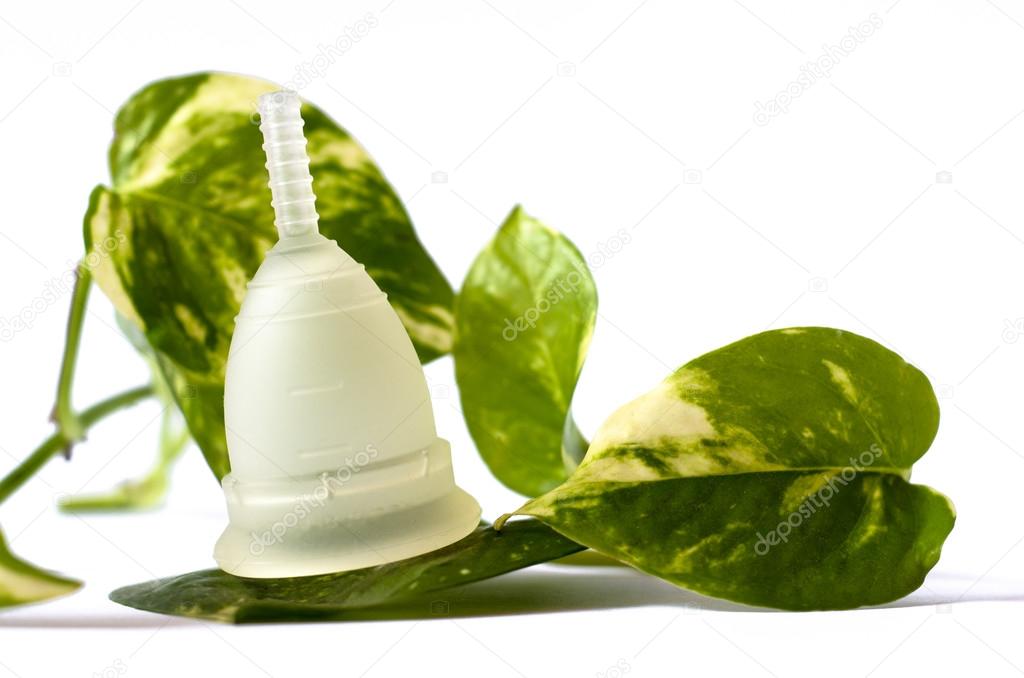 White menstrual cup with green leaves isolated in white backgrou