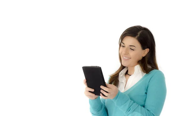 W izole bir tablo portre üzerinde okuma gülümseyen güzel kız