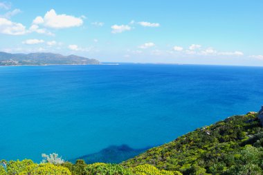 Villasimius (Sardunya) renkli doğada deniz Dag, bulutlar ve çiçeklerle bir parça görünümünü