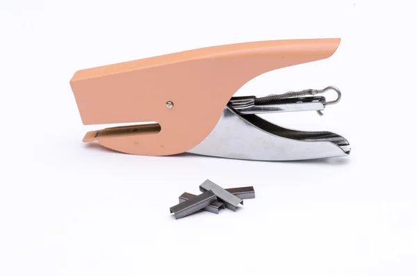 Metal pink office stapler with metal staple for office in white — Stock Photo, Image