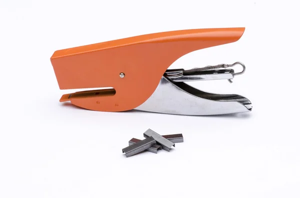 Metal red orange office stapler with metal staple for office in — Stock Photo, Image
