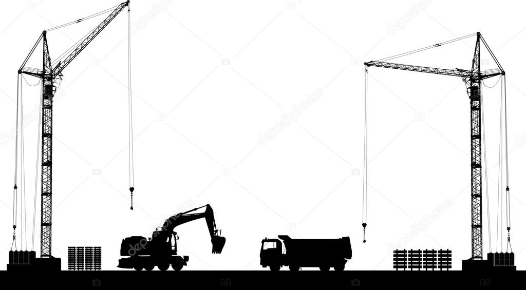 Building site with detailed silhouettes of construction machines on white background. Vector illustration