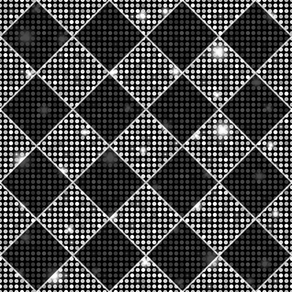 Plata y negro vector de ajedrez sin costuras estilo vintage textura con flores de clavo y brillantes rondas. Ilustración vectorial — Vector de stock