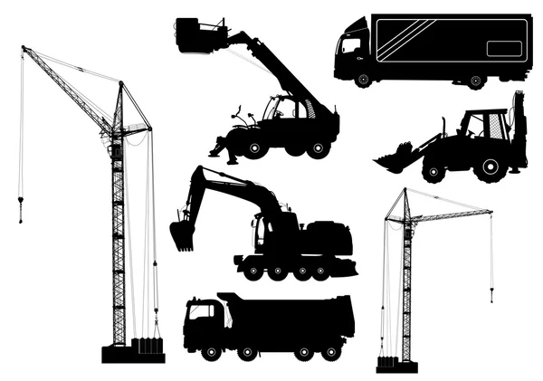 Equipo de construcción: camiones, excavadoras, excavadoras, elevadores, grúas. Siluetas detalladas de máquinas de construcción aisladas en blanco. Ilustración vectorial — Archivo Imágenes Vectoriales