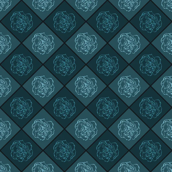 Vetor azul escuro sem costura xadrez estilo textura vintage com flor de cravo. Ilustração vetorial — Vetor de Stock