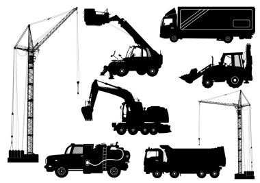 Endüstri/sanayii donatımı: kamyon, Ekskavatör, buldozer, Asansör, vinçler. Detaylı siluetleri üzerinde beyaz izole İnşaat makineleri. Vektör çizim