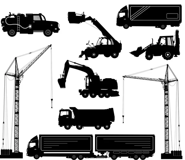 Attrezzature per l'edilizia: camion, escavatori, bulldozer, ascensore, gru. Silhouette dettagliate di macchine da costruzione isolate su bianco. Illustrazione vettoriale — Vettoriale Stock