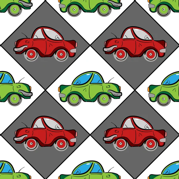 Retro naadloze patroon met rode en groene platte oldtimers. Vectorillustratie — Stockvector