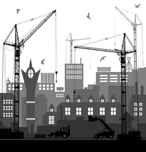 Industriel européen vintage ville de style en construction sur fond de coucher de soleil rouge vif. Illustration vectorielle — Image vectorielle