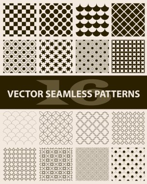 Pack 16 retro tarz kahverengi vektör Dikişsiz desen: soyut, vintage, teknoloji ve geometrik. Vektör çizim