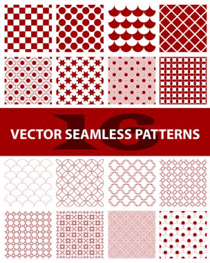 16 kırmızı paket Dikişsiz desen vektör: soyut, vintage, teknoloji ve geometrik. Vektör çizim