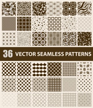 Paketi 36 retro tarz kahverengi vektör Dikişsiz desen: soyut, vintage, teknoloji ve geometrik. Vektör çizim