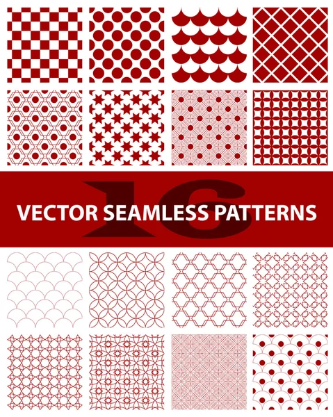 Confezione da 16 modelli senza cuciture vettoriali rossi: astratto, vintage, tecnologia e geometrico. Illustrazione vettoriale — Vettoriale Stock