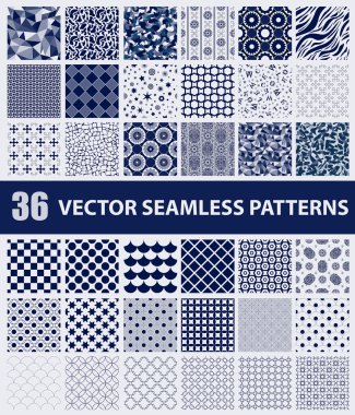 Paketi 36 retro tarz mavi vektör Dikişsiz desen: soyut, vintage, teknoloji ve geometrik. Vektör çizim