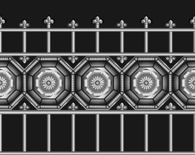 Sorunsuz gümüş vintage Ortaçağ tarzı siyah arka plan üzerinde metal çit sahte. Vektör çizim