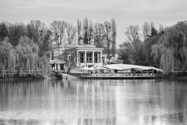 Göl Sarayı yansımaları ve Hdr forest yakınındaki mavi gökyüzü ile siyah ve beyaz düzenlenmiş