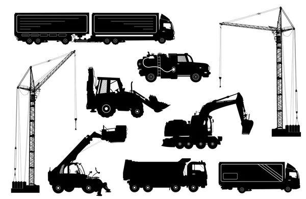 Attrezzature per l'edilizia: camion, escavatori, bulldozer, ascensore, gru. Silhouette dettagliate di macchine da costruzione isolate su bianco. Illustrazione vettoriale — Vettoriale Stock