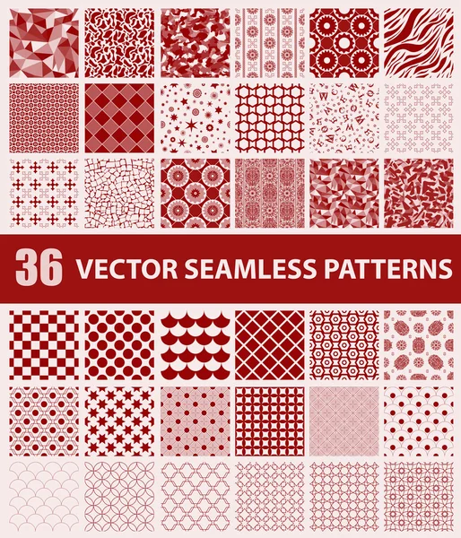 Sada 36 retro stylizované červené vektor bezešvé vzory: abstraktní, vintage, technologie a geometrické. Vektorové ilustrace — Stockový vektor
