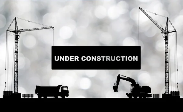 "Under construction" concept at building site with detailed silhouettes of construction machines on blured silver shiny background — Stock Photo, Image