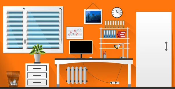 Plochý vektorový kancelářský prostor v oranžovém a bílém stylu. Vektorová ilustrace — Stockový vektor