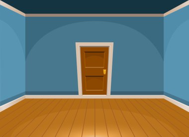 Mavi tarzda bir kapı ile Karikatür düz boş oda. Vektör çizimi