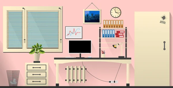 Sala de oficina interior de vector plano en tierno estilo rosa y crema. Ilustración vectorial — Vector de stock