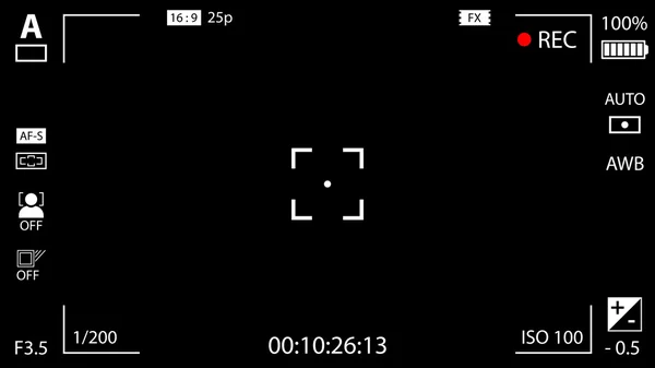 Moderno schermo di messa a fuoco della videocamera digitale con impostazioni. Registrazione telecamera mirino nero. Illustrazione vettoriale — Vettoriale Stock