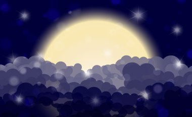 Karikatür gece parlayan bulutlu gökyüzü ay ile. Vektör çizimi