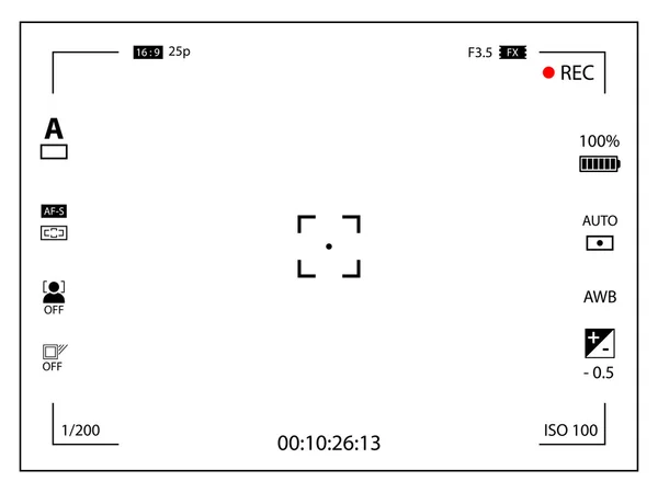 Tela de focagem de câmera de vídeo digital moderna com configurações. Gravação de câmera de visor moldado branco. Ilustração vetorial —  Vetores de Stock