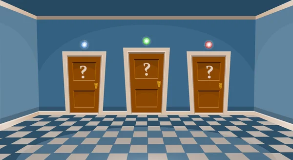 Cartone animato "scegliere una porta" concetto. Camera vuota con tre porte in stile blu. Illustrazione vettoriale — Vettoriale Stock