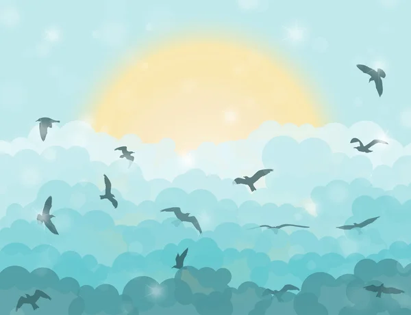 Cartoon fliegenden Vögel in Wolken auf Sonne und Cyan leuchtenden Himmel Hintergrund. Vektorillustration — Stockvektor
