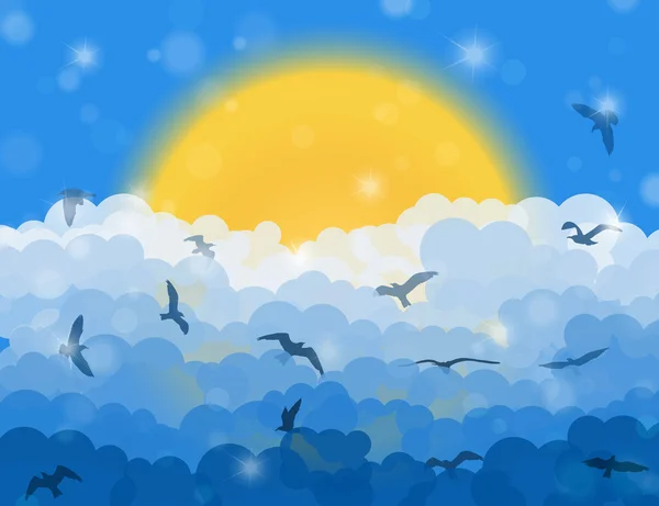 Cartoon fliegende Vögel in Wolken auf Sonne und blauem Himmel Hintergrund. Vektorillustration — Stockvektor