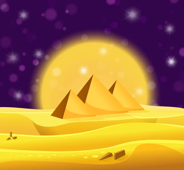 Karikatur ägyptischer Pyramiden in der Wüste mit violettem Nachthimmel. Vektorillustration — Stockvektor