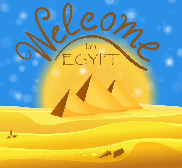 Cartoon "Welkom aan Egypte" concept. Egyptische piramiden in de woestijn met blauwe glimmende lucht. Vectorillustratie — Stockvector