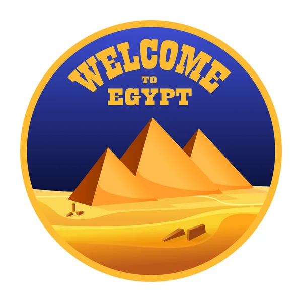 Cartoon "Welkom aan Egypte" concept logo geïsoleerd. Egyptische piramiden in de woestijn met zee blauw sky. Vectorillustratie — Stockvector