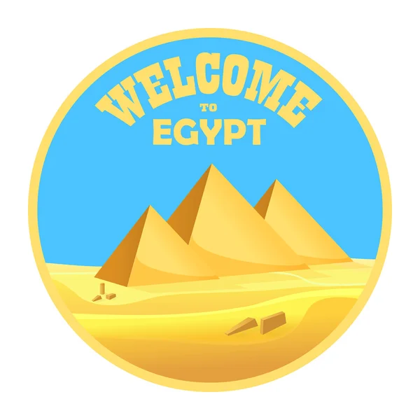 Cartoon "Välkommen till Egypten" konceptet logotypen isolerade. Egyptiska pyramiderna i öknen med klar himmel. Vektor illustration — Stock vektor