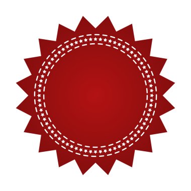 İşlemeli kırmızı yuvarlak şerit damga üzerinde beyaz izole. Kullanılabilir afiş, ödül, satış, simge, logo, etiket vb için. Vektör çizim
