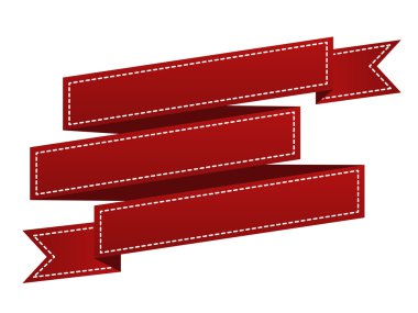 İşlemeli kırmızı kurdele beyaz izole. Kullanılabilir afiş, ödül, satış, simge, logo, etiket vb için. Vektör çizim
