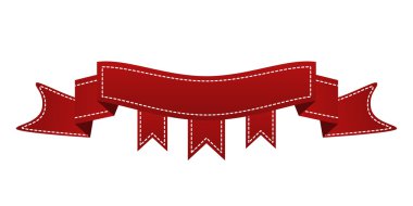 İşlemeli kırmızı kurdele beyaz izole. Kullanılabilir afiş, ödül, satış, simge, logo, etiket vb için. Vektör çizim