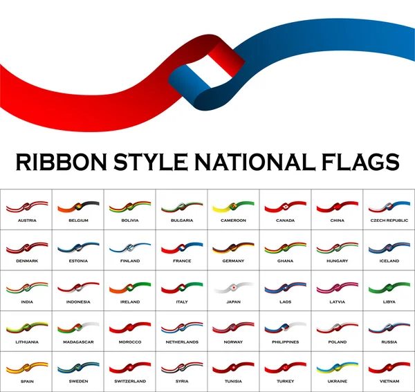 Drapeaux nationaux de style ruban 40 en 1 isolés sur blanc. Illustration vectorielle — Image vectorielle