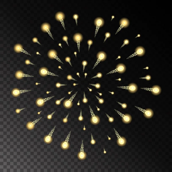 Fuegos artificiales amarillos sobre fondo transparente estilo ajedrez. Ilustración vectorial — Vector de stock