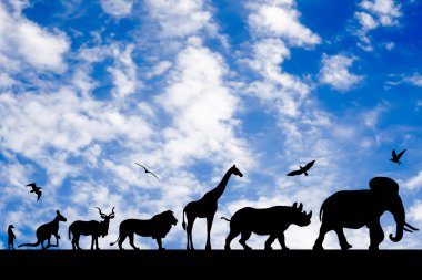 Mavi bulutlu gökyüzü arka plan üzerinde hayvanların siluetleri