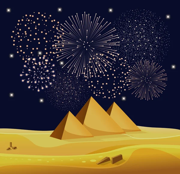 Feuerwerk über ägyptischen Pyramiden in der Wüste mit Sternenhimmel. Vektorillustration — Stockvektor