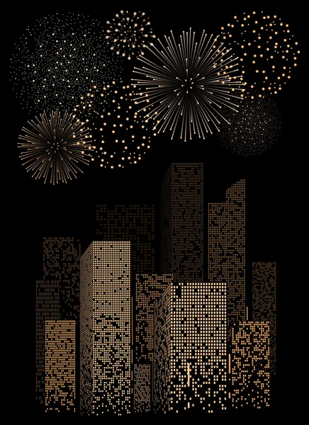 Espectáculo de fuegos artificiales amarillos sobre fondo paisaje de la ciudad nocturna. Ilustración vectorial — Archivo Imágenes Vectoriales