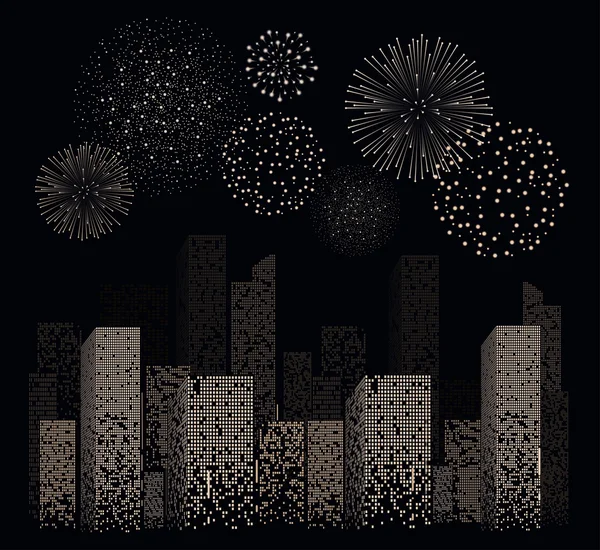 Fogos de artifício branco no fundo da paisagem da cidade noturna. Ilustração vetorial —  Vetores de Stock
