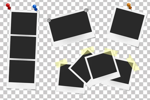Sada realistická vektorová fotorámečky na lepící pásku, kolíky a nýty. Návrh šablony Foto, vektorové ilustrace — Stockový vektor