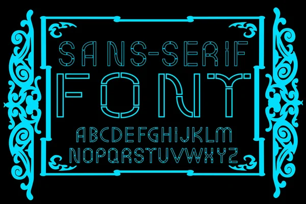 Κυανό αν-serif σύγχρονη γραμματοσειρά σε μαύρο φόντο. Απεικόνιση διανυσματικών φορέων — Διανυσματικό Αρχείο