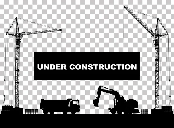 "Em construção "conceito no canteiro de obras com silhuetas detalhadas de máquinas de construção isoladas. Ilustração vetorial — Vetor de Stock
